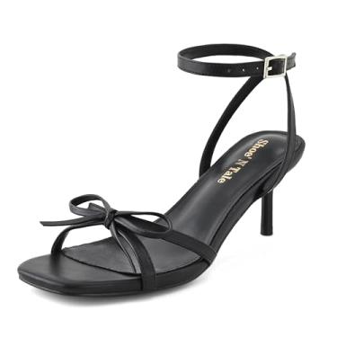 Imagem de Shoe'N Tale Sandália feminina de salto gatinho com laço, salto com tiras, bico aberto, moderno, elegante, para festa de casamento, Preto, 40