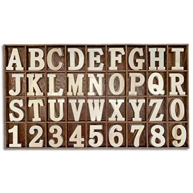 Imagem de 180 peças de letras de madeira de 4,4 cm, números de madeira com divisória rústica, fonte negrita, alfabeto de madeira inacabado A-Z e números, conjunto de presentes de 0 a 9 para artesanato, caseiro,