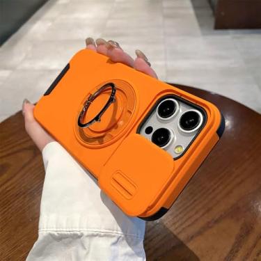Imagem de Protetor de câmera deslizante com suporte rotativo, capa magnética para iPhone 16 15 14 13 12 11 ProMax, capa protetora de camada dupla, laranja, para iPhone 15