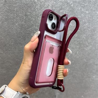 Imagem de Cordão de mão com slot para cartão, capa transparente para iPhone 15 16 Pro Max 14 13 12 11, suporte dobrável para lentes, capa de acrílico, vinho tinto, para iPhone 13