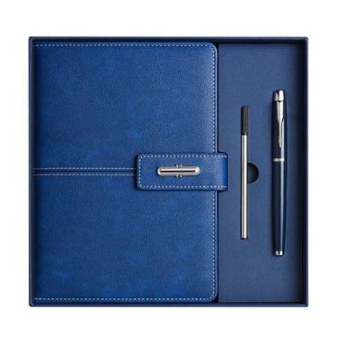 Imagem de IGYYO A5 Caderno diário de couro capa dura com conjunto de canetas para trabalho, escola, escrita, caderno de negócios, 200 páginas + refil de caneta + embalagem de caixa de presente (azul)