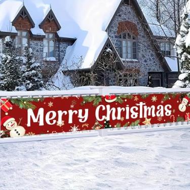 Imagem de HOMETITUTE Faixa de Feliz Natal, 295 x 50 cm, boneco de neve vermelho, guirlanda de pinheiro, pano de fundo, decorações de Natal ao ar livre, para parede, cerca, quintal, varanda, festa de férias
