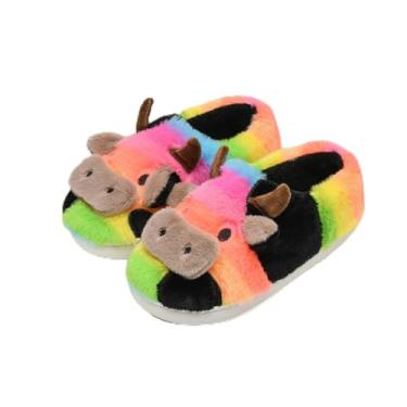 Imagem de Chinelos de vaca felpudos para crianças fofas de vaca fofa, chinelos de casa, crianças, meninas, meninos, desenhos animados, sapatos de casa para uso interno e externo, Arco-íris, 9-10.5 Toddler