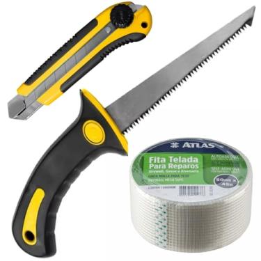 Imagem de Serrote Para Gesso Drywall Cabo Plástico 6" Pol + Fita Telada 50mm x 45m + Estilete 25mm Com Trava e Lâmina