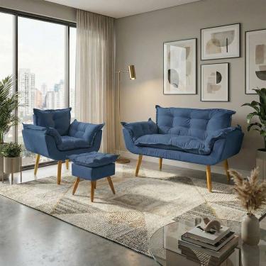 Imagem de Kit Namoradeira Poltrona e Puff Decorativo Para Sala Recepção Manicure Consultório Alice Tecido Suede