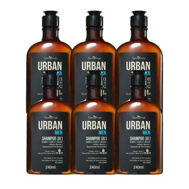 Imagem de Kit 6 Shampoo 3 Em 1 Barba Cabelo Bigode Masculino 240ml Urban Men Farmaervas