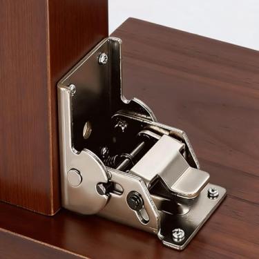 Imagem de Pacote com 4 suportes de mesa dobráveis, dobradiça dobrável de aço inoxidável invisível com travamento automático de 0 a 90 a 180 graus, ajustável com botão de bloqueio e parafusos para pernas e