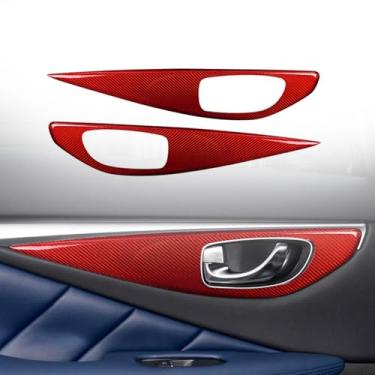 Imagem de FINMOKAL 2 peças/conjunto de fibra de carbono real carro maçaneta interna painel capa acabamento adesivo acessórios interiores compatíveis com Infiniti Q50L 2015-2022, vermelho