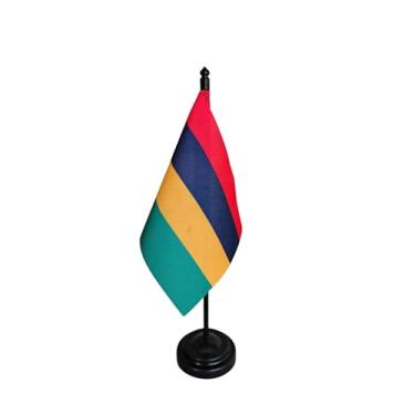 Imagem de Bandeira de Mesa Maurício, 26cm Altura Total, Face Única, Multicolorido, Base Plástica, Tecido Oxford, para Escritório, Eventos e Decoração