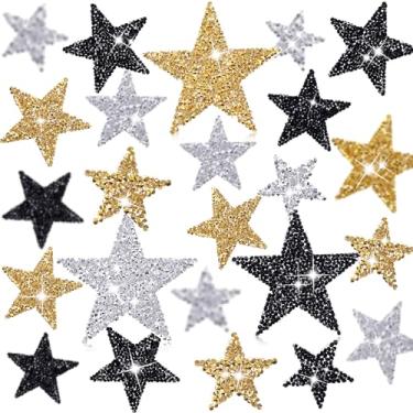 Imagem de Syhood 24 peças de adesivos de estrela em strass adesivos de lantejoulas glitter estrelas apliques para roupas de Natal decoração de reparo de jeans (1,57/2,36/3,15 polegadas, preto, ouro, prata)