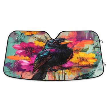Imagem de Linda proteção solar de pássaro preto para para-brisa de carro, proteção UV, persiana de janela frontal de carro para a maioria dos sedãs, SUV, caminhões médios