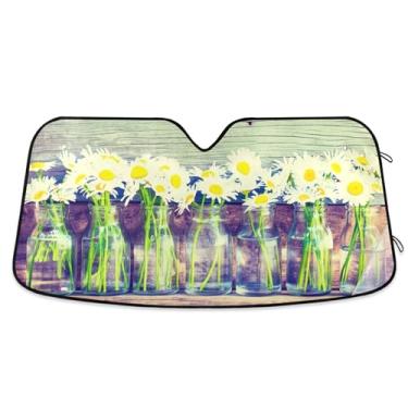 Imagem de Vasos personalizados, margaridas, para-sol de madeira para para-brisas de carro, engraçados, retráteis, dobráveis para janelas dianteiras, floral automotivo, M, 139,7 x 70,1 cm