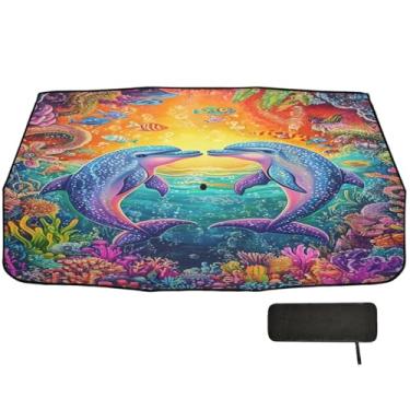 Imagem de Guarda-sol colorido coração golfinhos coral frente para-brisa bloqueio UV guarda-chuva automático carro 147.3 cm x 75.4 cm capas de janela de carro