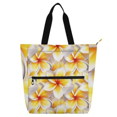 Imagem de GAIGEO Bolsa de ombro amarela branca Plumeria floral para mulheres e crianças, escola, trabalho, zíper, bolsa de ombro reutilizável