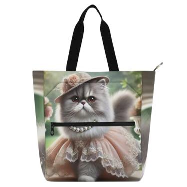 Imagem de GAIGEO Sacola feminina divertida de gatinho adorável para trabalho, lona, faculdade, escola, bolsas médias com compartimentos