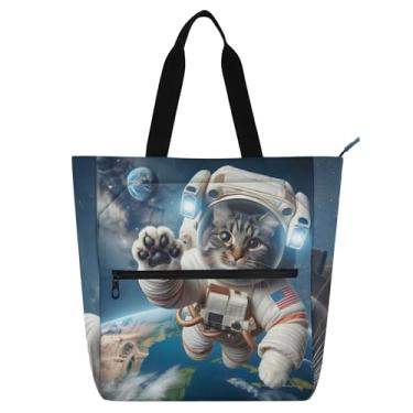 Imagem de Bolsa feminina divertida de trabalho, astronauta, gatinho, lona, faculdade, escola, bolsas, professores, livros, presente