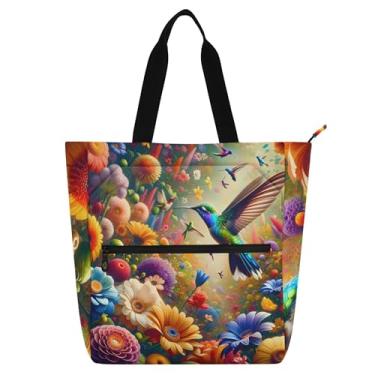Imagem de GAIGEO Sacola colorida com flores de beija-flores vibrantes para trabalho, faculdade, escola, bolsas, presente para professores, bolsas para amantes de livros