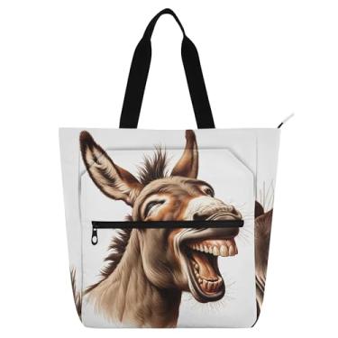 Imagem de Bolsa de trabalho divertida de burro sorrindo para mulheres, bolsas de lona, bolsas de tecido para faculdade, escola, senhoras, crianças, livros, presente para amantes de livros