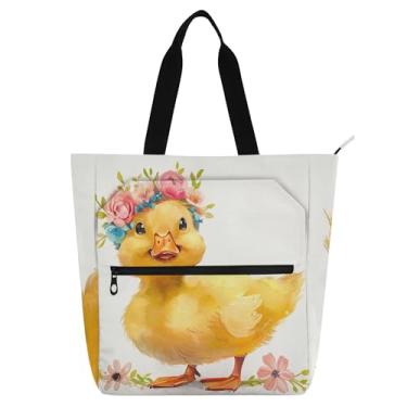 Imagem de Bolsa de trabalho com coroa de flor de pato amarela para mulheres, bolsa de lona com zíper, bolsa de praia, bolsas infantis fofas, presente para amantes de livros
