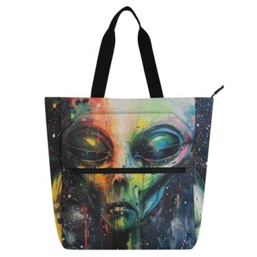 Imagem de GAIGEO Bolsa de lona reutilizável com estampa de alienígena espacial com zíper para escola, viagem, professor, trabalho, reutilizável