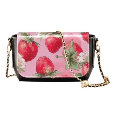 Imagem de Bolsa tiracolo feminina roxa e amarela floral em couro branco, bolsa feminina de couro, bolsa de ombro para mulheres, Morango em vermelho em rosa - 3, One Size