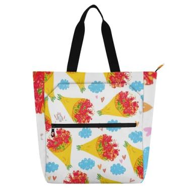 Imagem de GAIGEO Buquês Flores Vermelhas Amarelo Sacola para Mulheres Trabalho Lona Escolar Tote com Zíper Professores Presente para Amantes de Livros Bolsas
