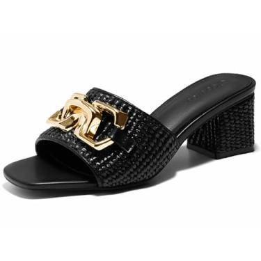 Imagem de Coutgo Sandálias femininas Raffia Slide Salto bloco bloco quadrado aberto corrente de metal slip on Mules sapatos elegantes, Preto, 35
