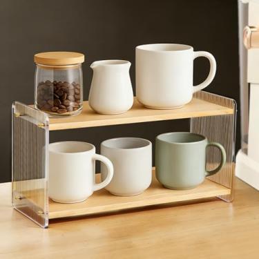 Imagem de BeeCoAoo Organizador de estação de café de 2 camadas, suporte de caneca de acrílico e madeira de pinho para cafeteria e estação Matcha, prateleira de bancada fácil de limpar, design minimalista