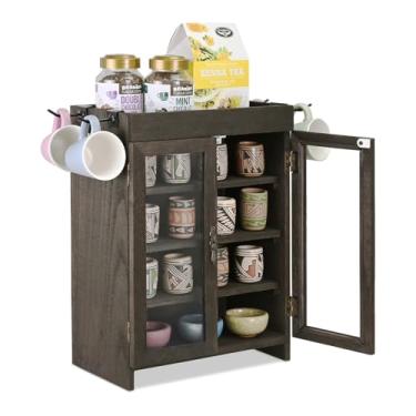 Imagem de Ikee Design Armário de armazenamento de bancada de madeira pequeno com prateleiras ajustáveis e ganchos removíveis, perfeito para perfume, despensa, óleo essencial, 26 cm L x 15 cm P x 36 cm A, marrom