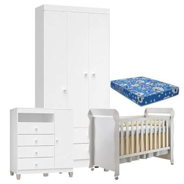 Imagem de Quarto de Bebê 3 Portas Ternura Baby com Berço Mirelle Branco Brilho com Colchão para Berço Americano - Incorplac