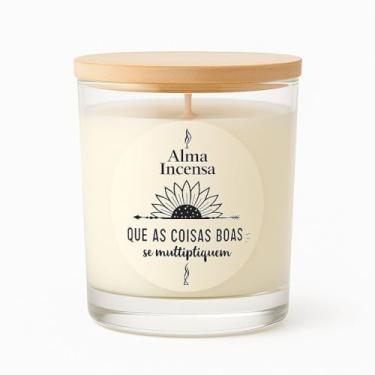 Imagem de Vela Aromática Chá Branco Decorativa em Vidro com Frases Inspiradoras – Coleção Alma Incensa com Tampa de Madeira para Presente e Decoração (Que as coisas boas se multipliquem)