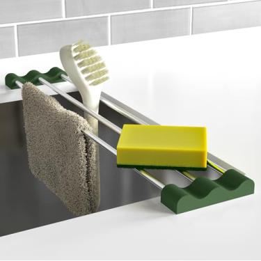 Imagem de Tomorotec Rack de cozinha ajustável sobre a pia para panos de louça, esponjas e escovas - aço inoxidável resistente ao calor com design fino e expansível e suporte de silicone multifuncional (verde