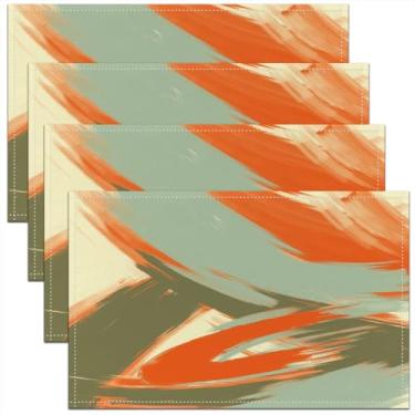 Imagem de jejeloiu Jogo americano verde laranja conjunto de 4 tapetes de mesa geométricos de arte abstrata moderna para cozinha, mesa de jantar, decoração de festa, ambientes internos e externos, 46 x 30 cm