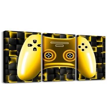 Imagem de Erosebridal 3 peças de decoração de parede de quarto de jogador infantil para meninos imagens de jogos arte de parede preto dourado geométrico console de jogos grades impressões de pôster para sala de