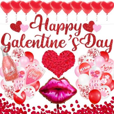 Imagem de Banner de Dia de Galentine Decorações de Feliz Dia de Galentinas: Kit de balão de coração romântico com balões labiais 1000 peças pétalas de rosa vermelhas para decorações de festa de casamento