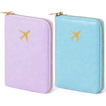 Imagem de SilTriangle 2 capas de couro para passaporte, carteira de viagem à prova d'água com bloqueio de RFID, possui um emblema de aeronave dourado em relevo para passaporte para mulheres e homens, Roxo claro