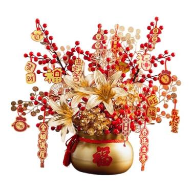 Imagem de WeiLaiKeQi Decoração de Ano Chinês, Arranjo Floral Bonsai de Flores Artificiais, Ornamento de Vasos de Plantas Falsas, Balde de Abençoamento para Casa, Ouro
