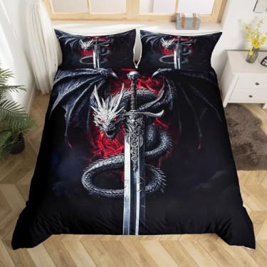 Imagem de Conjunto de capa de edredom de dragão preto, tamanho king, conjunto de cama de espada de dragão, 3 peças para decoração de quarto de crianças, meninas, meninos, adolescentes, capa de edredom com
