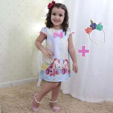 Imagem de Kit Vestido Infantil Unicórnios Laço Rosa + Tiara - Moderna Meninas