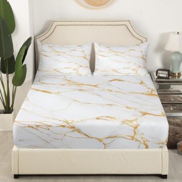 Imagem de Jogo de cama solteiro de mármore branco dourado moderno, abstrato, para decoração de quarto de meninas e adolescentes, arte de aquarela, lençol com elástico de microfibra macia (1 lençol com elástico