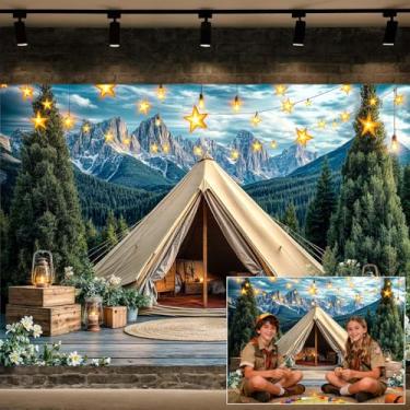 Imagem de Pano de fundo de acampamento de 3,5 x 2,5 m, pinheiro, tendas de acampamento, montanhas, cenário fotográfico, aventura, viagem, férias, férias, fotos, faixas, adereços para fotos