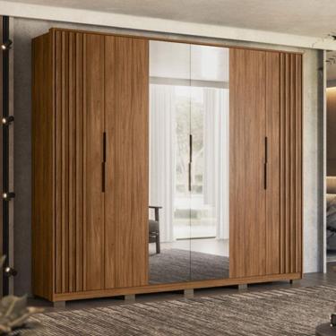 Imagem de Guarda Roupa Casal Ripado Atrice Ambiente 6 Portas Nogueira Touch com Espelho e Pés Demóbile – Demartêz