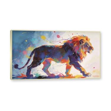 Imagem de NHLDZYH Moldura dourada. Pintura salpicada de leão pintura em tela abstrata arte animal mural vívido chama a atenção para sala de estar decoração moderna para casa. A109. 70 x 125 cm.