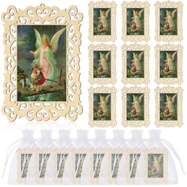 Imagem de Quelay 12 molduras de madeira de anjo da guarda com sacos de presente de organza, lembrancinhas de batismo para convidados, presente de batizado, presente católico, Recuerdos De Bautizo