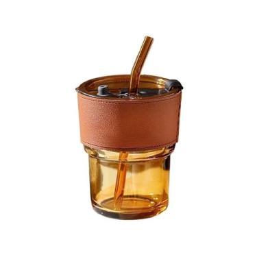 Imagem de Copo Caneca de Vidro com Tampa e Canudo Capinha Couro Chá Café 420ml(marrom)