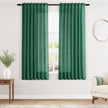 Imagem de Cortinas de linho verde esmeralda para sala de estar 153 cm de comprimento, conjunto de 2 painéis, cortinas de linho com filtro de luz, para cozinha, janelas, bolso para varão, aba traseira, curta