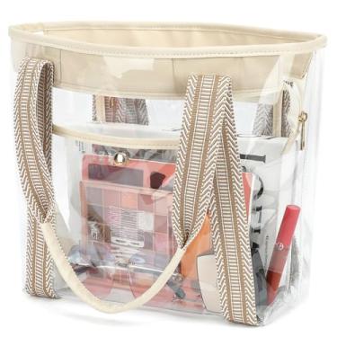 Imagem de Fammart Bolsa de praia transparente para mulheres, bolsa grande transparente para eventos de estádio - Fecho de zíper, impermeável, à prova de areia, Alças Jacquard - Bege, Large