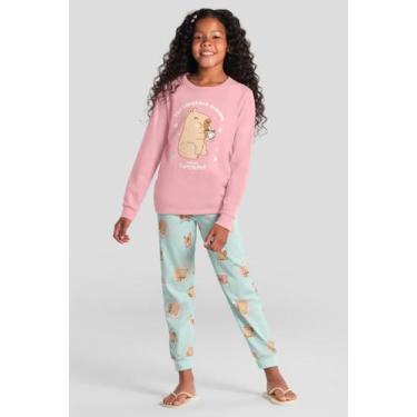 Imagem de Pijama infantil menina de capivara com brilho Brandili -Rosa, 10, Rosa