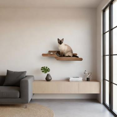 Imagem de Prateleira para Gatos com Comedouro Duplo Elevado, MDF 15mm Reforçado, 2 Tigelas de Inox Removíveis, 68x35x12cm, Suporta até 25kg (Marrom)