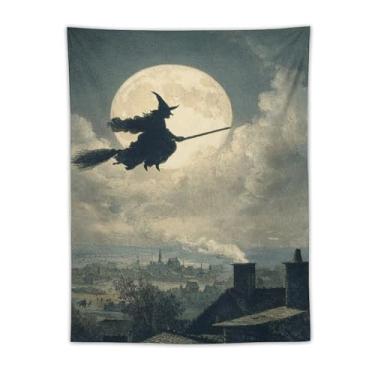 Imagem de Tapeçaria vintage de Halloween bruxa na vassoura lua cheia horizonte assustador decoração de parede sala de estar quarto decoração de casa exclusivo pendurado têxtil 76 x 101 tapeçaria